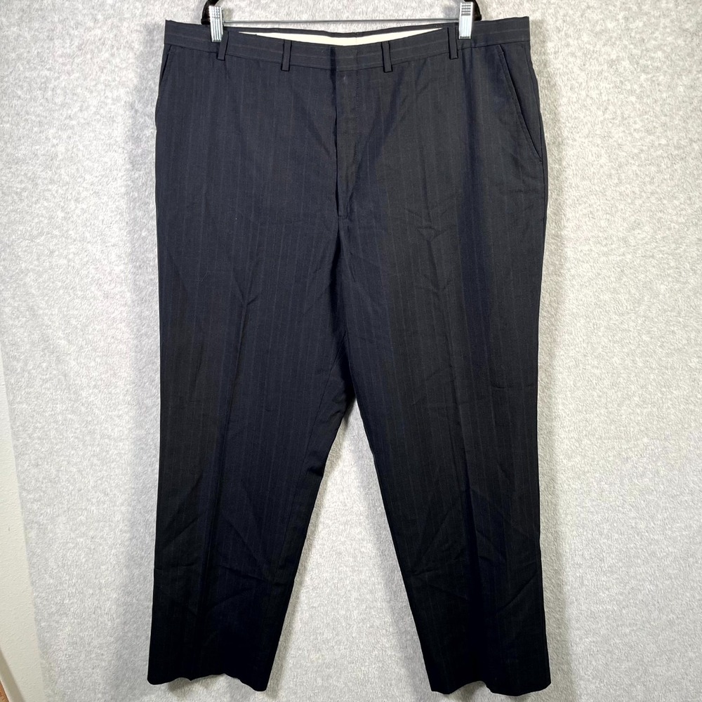 Towncraft Dress Pants Men 42 Black Striped Custom Worsted Wool Blend‎